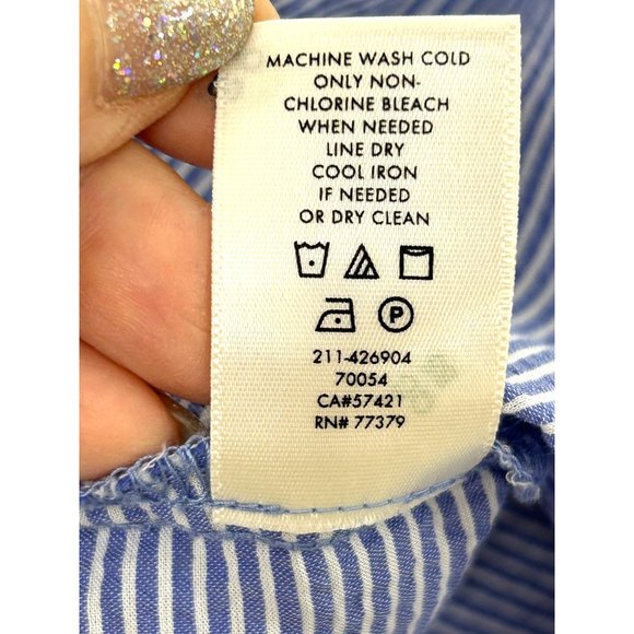 Ann Taylor Women’s Blouse Blue S Long Bell Sleeves Horizontal Mini Stripe Cotton - Picture 7 of 11